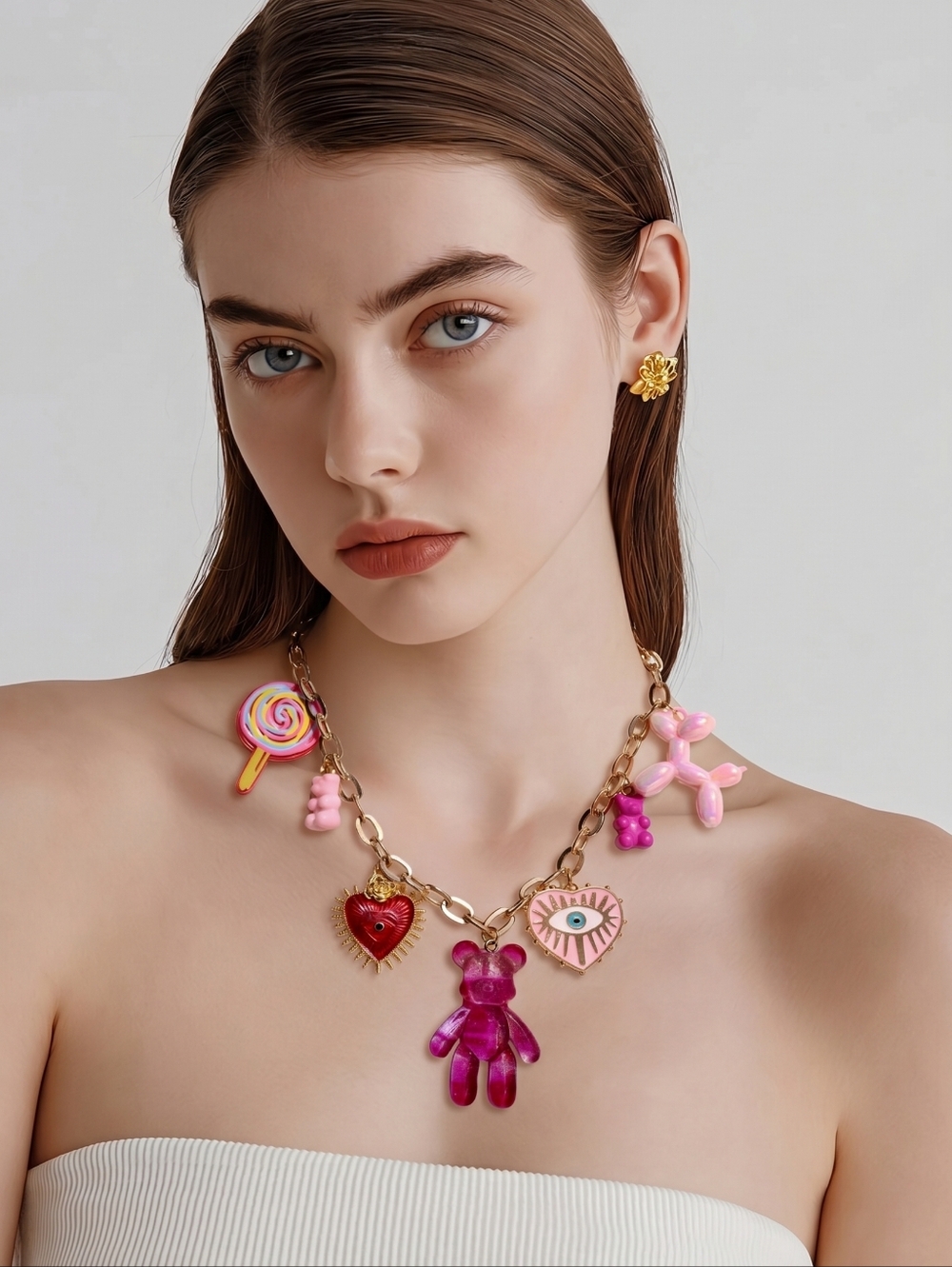 Gold Chain Charm Necklace with Pink Gummy Bear & Colorful Heart Charms